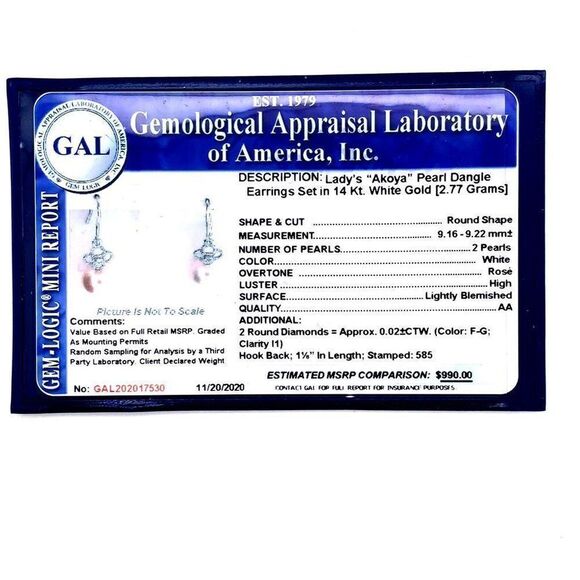 Diamond Akoya Pearl Earrings 14 KT White Gold 9.22 mm Certified $990 017530 - Picture 6 of 6